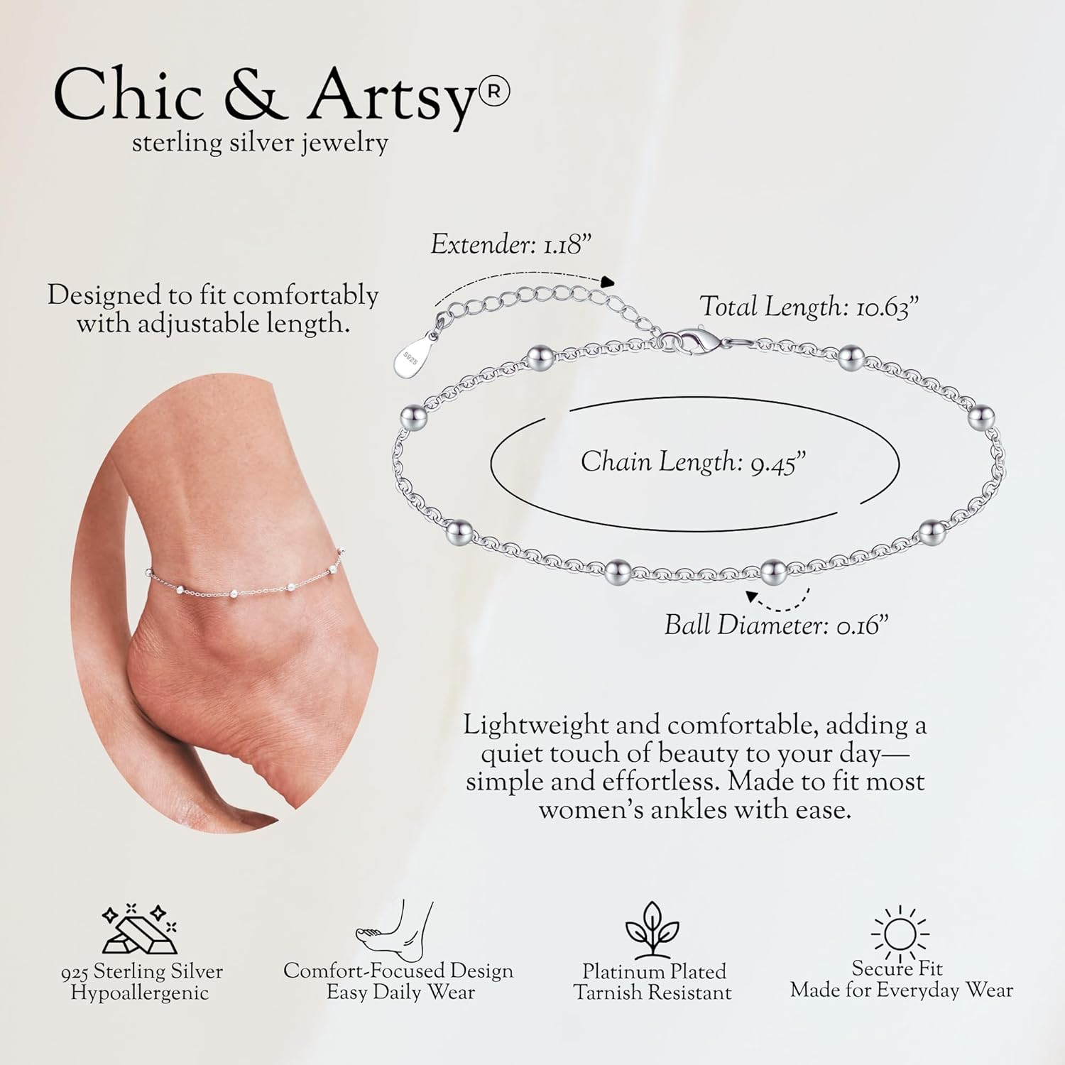 CHIC & ARTSY 925 Sterling Silver Ankle Bracelets for Women, Adjustable Double Layer Chain Anklets, Minimalist Lightweight Foot Jewelry for Beach & Everyday Wear