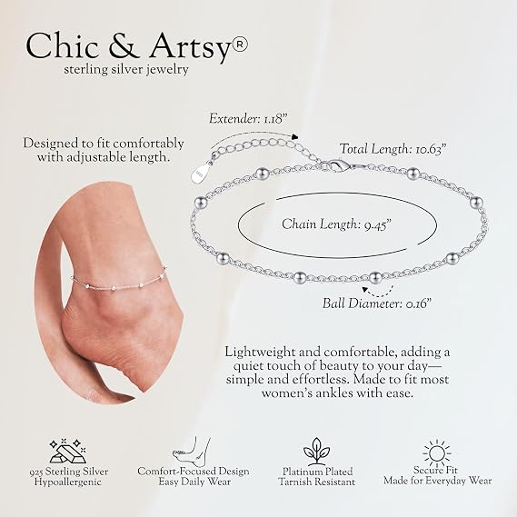 CHIC & ARTSY 925 Sterling Silver Ankle Bracelet Multilayer Anklets for Women Satellite/Star/Cross/Circle/Teardrop/Oval/Layered Anklet Beach Jewelry 9 to 10 inch Flexible Fit Anklets