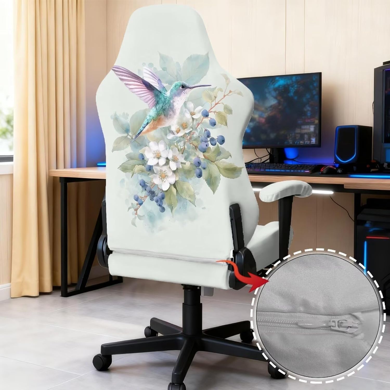 Hummingbird Magnolia Flower Gaming Chair Covers 4 Pieces Stretchable Office Desk Chair Cover Reusable Rotating Gaming Chair Protector Cover Gamer Room Decor image 3