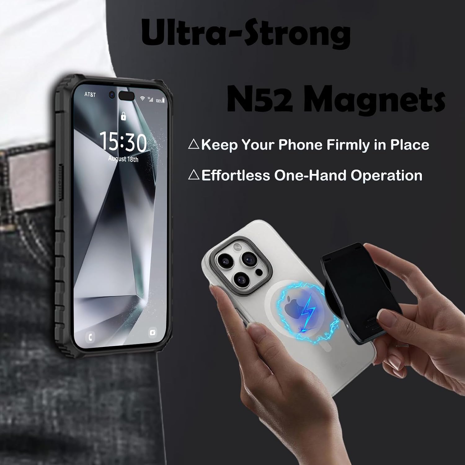Upgraded Magnetic Belt Clip for Phone with Safety Strap - Hands-Free, Compatible with MagSafe, Magnetic Clip Phone Holder for Backpack Strap Harness - Running, Hiking, Delivery, Outdoor EYJ