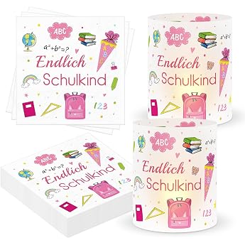 Pack of 30 Napkins First Day of School + 10 Lanterns Table Decoration First Day of School Girls and Boys Decorative First Day of School Table Napkins Finally School Child Table Decoration Back to School Pink