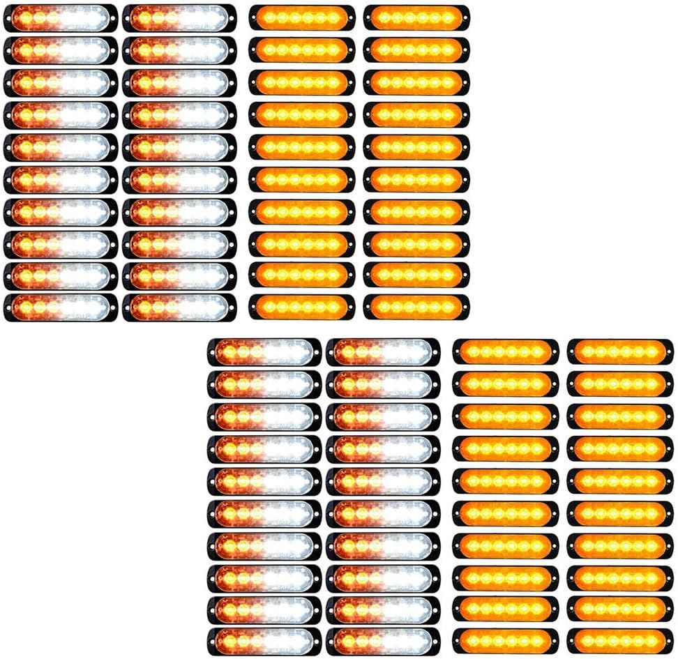 40pcs White Amber + 40pcs Amber Yellow Universal Super Thin Ultra Slim 6-LED Car Truck Warning Caution Emergency Construction Strobe Light Bar (in Bulk 80PCS)