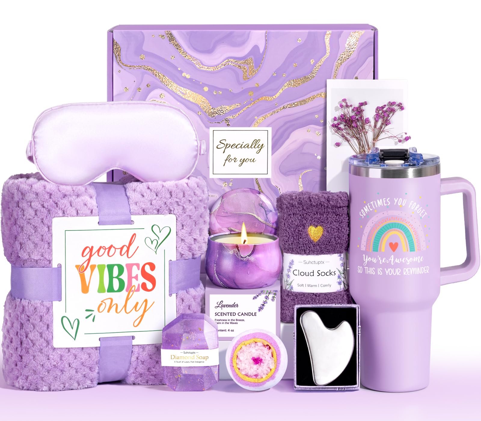 Birthday Gifts for Women, Unique Self Care Gifts Get Well Soon Basket, Christmas Relaxing Spa Gift Care Package w/ Flannel Blanket 40 oz Tumbler, Mothers Day Gifts for Mom Her Sister Friend-picture-21