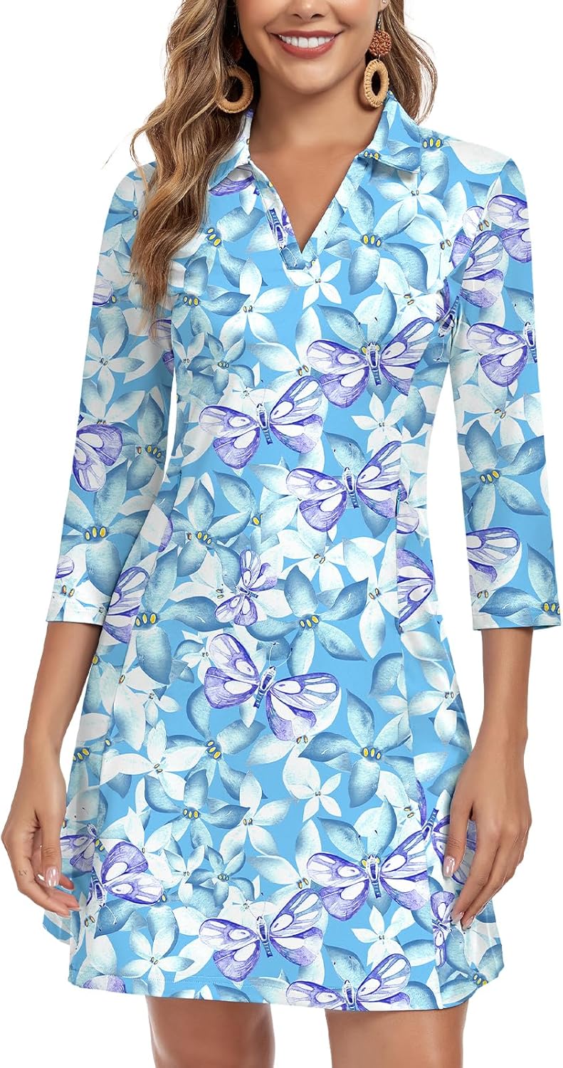 WOWENY 3/4 Sleeve Dress for Women with Pockets V Neck UPF 50+ Casual Sun Dress Breathable Quick Dry Beach Vacation
