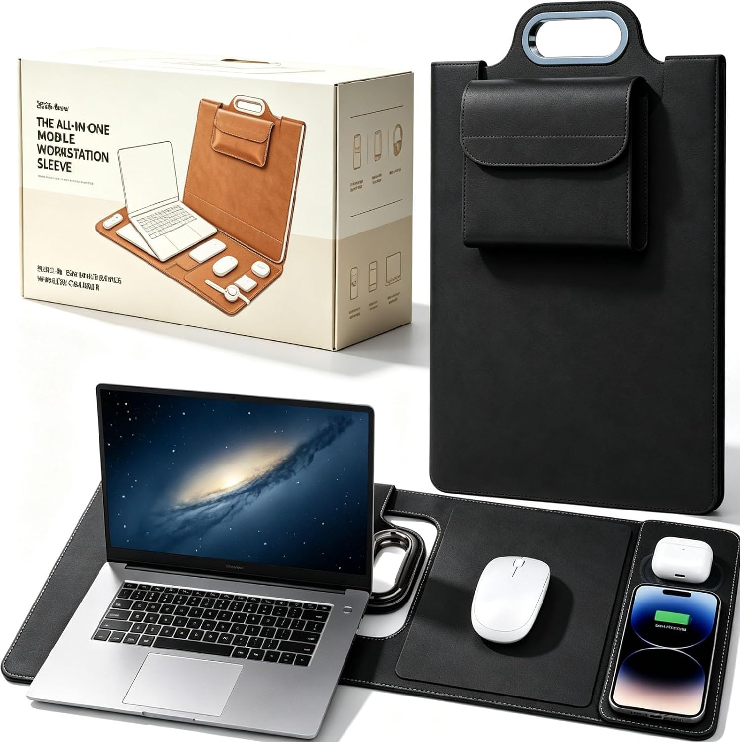 The All in One Mobile Workstation Sleeve, 2026 New Wireless Charging Laptop Bag, Built in 15w Multi-Device Wireless Charger, Ergonomic Laptop Stand & Mousepad (Black)