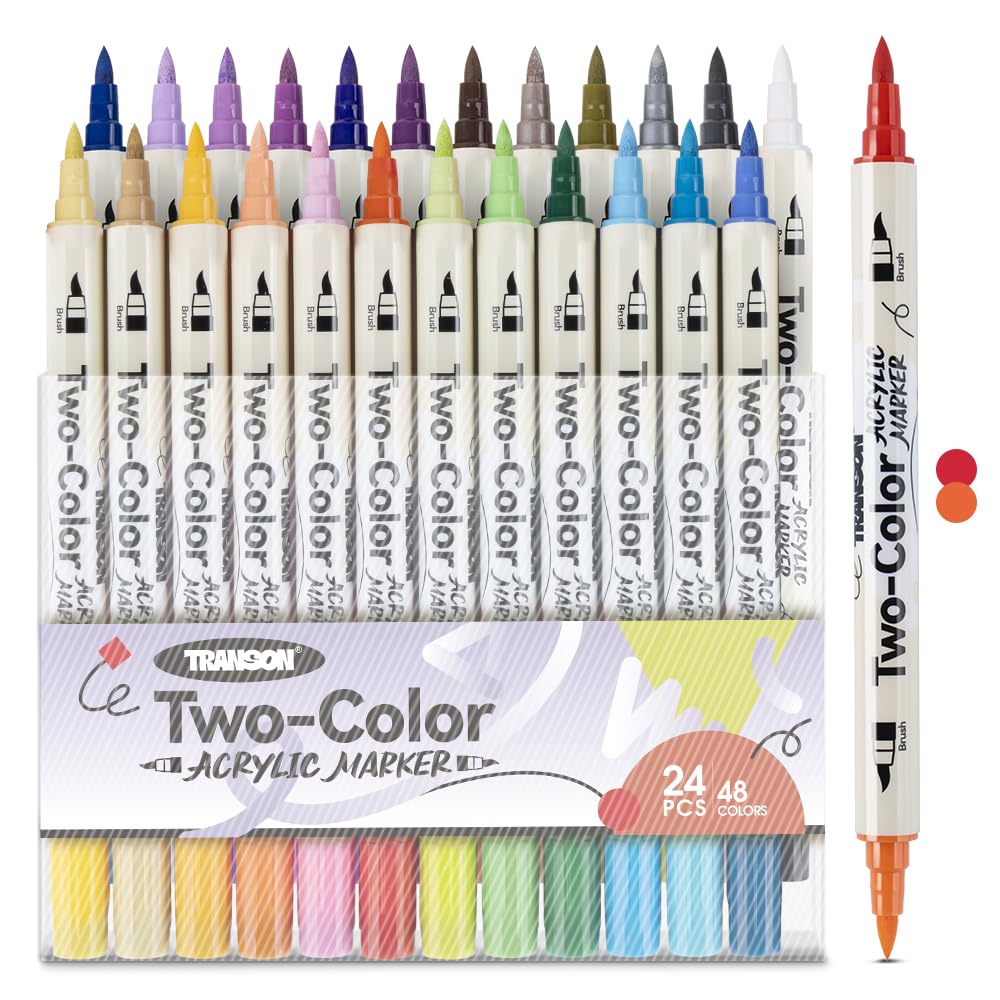TRANSON 48 Colors Acrylic Paint Marker Set, 24 Pieces of Dual-color Acrylic Paint Pens with Brush Tips Versatile for Craft Painting, Drawing, Rock Painting, DIY, Paint on Most Surfaces 24 Pcs 48 Colors