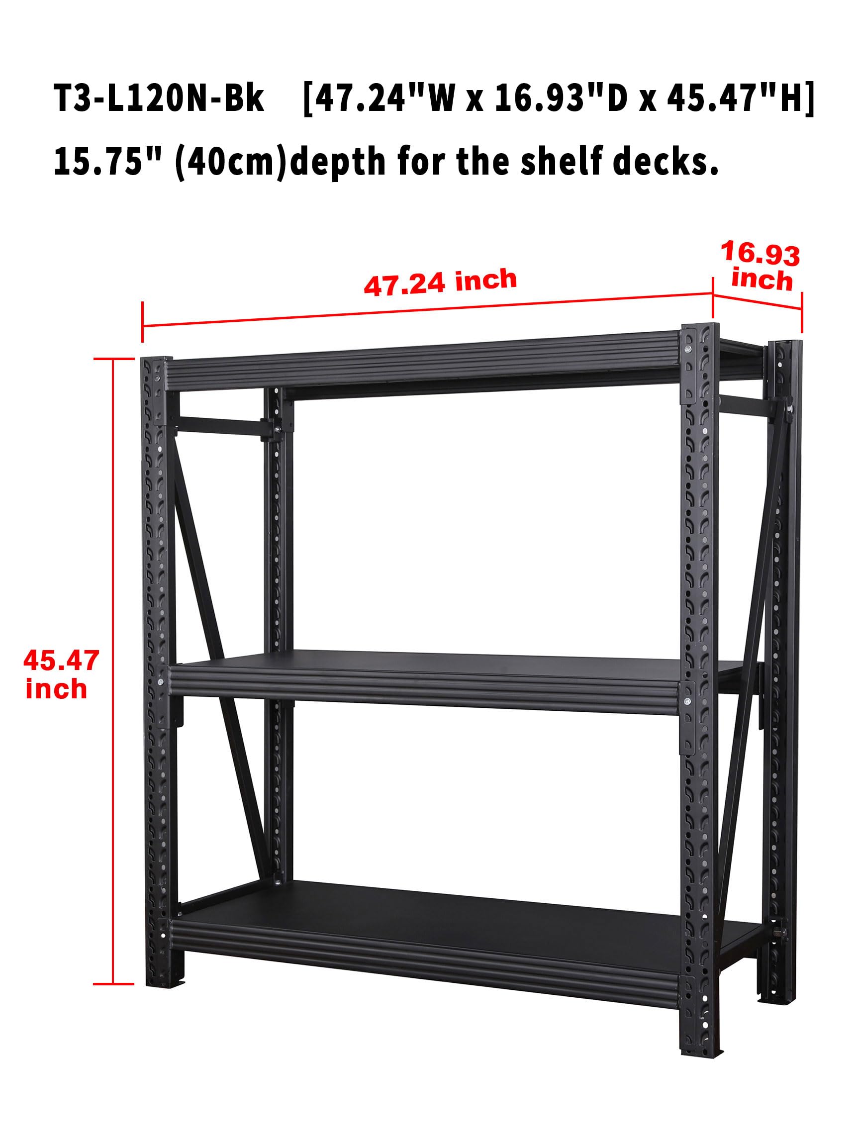 Scaffalatura per garage, scaffale industriale a 3 livelli, scaffale regolabile per magazzino, resistente, per cantina e supermercato (N120, nero)