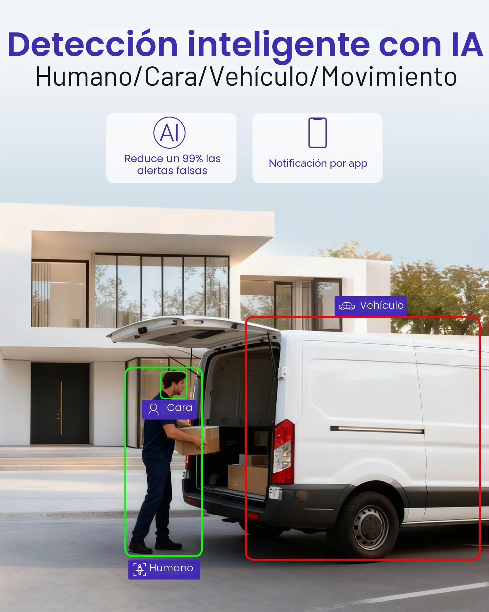 4K 8MP Cámara Vigilancia Exterior PoE+Tarjeta Memoria 32GB | Detección de Personas/Vehículos, Visión Nocturna en Color, Audio Bidireccional, Alarma Sonora y Lumínica, IP66 Impermeable