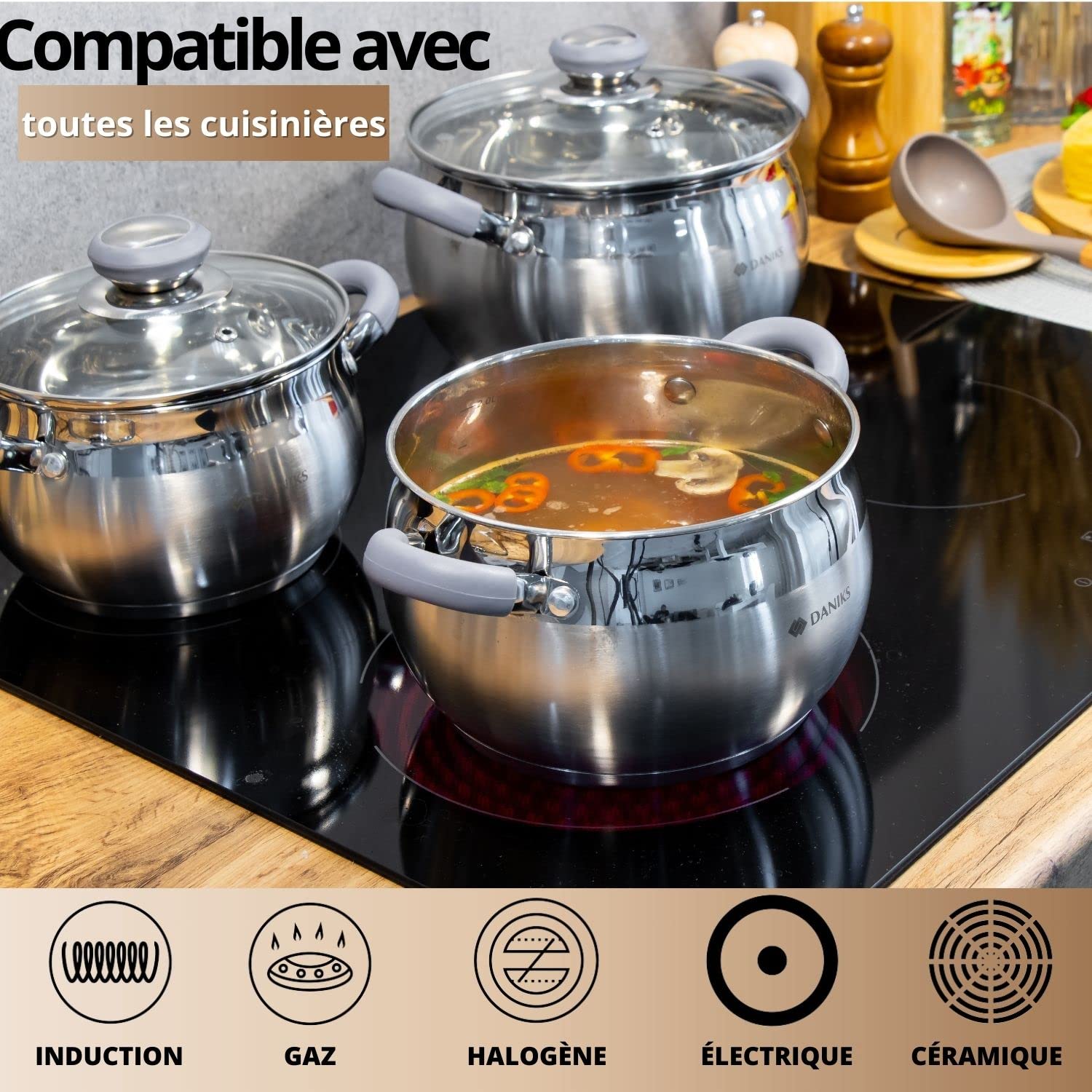 Daniks Modern Faitout Inox 20 cm 4 L, Casserole avec Couvercle en Verre, Tous Feux y Compris Induction, Poignées en Silicone, Échelle de Mesure, Argent