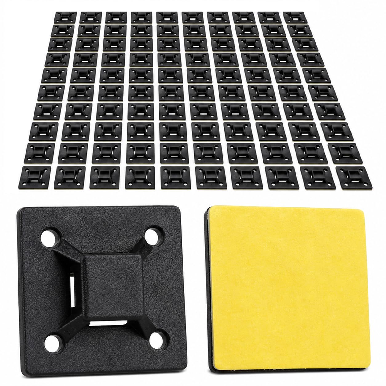 Adhesive Cable Clips for Wire Management Tie Mounts 100 Pcs Black Zip Bases 18 x 18 mm, Square Holders with Screw Holes, for Desk Wall Office Car Routing