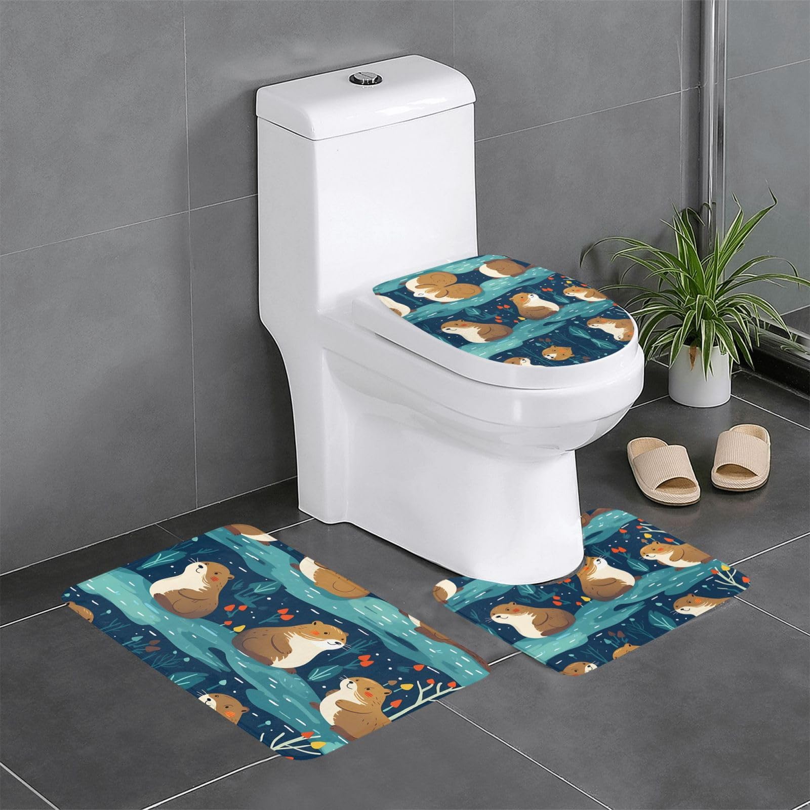 Tapis de salle de bain loutre antidérapants : lot de 3 pièces ovales et rectangulaires