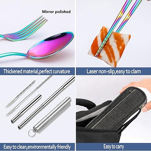 Miniatura 7 de Utensilios portátiles reutilizables de viaje con estuche, juego de cubiertos de viaje para camping, palillos chinos y pajilla, cubiertos, juego de