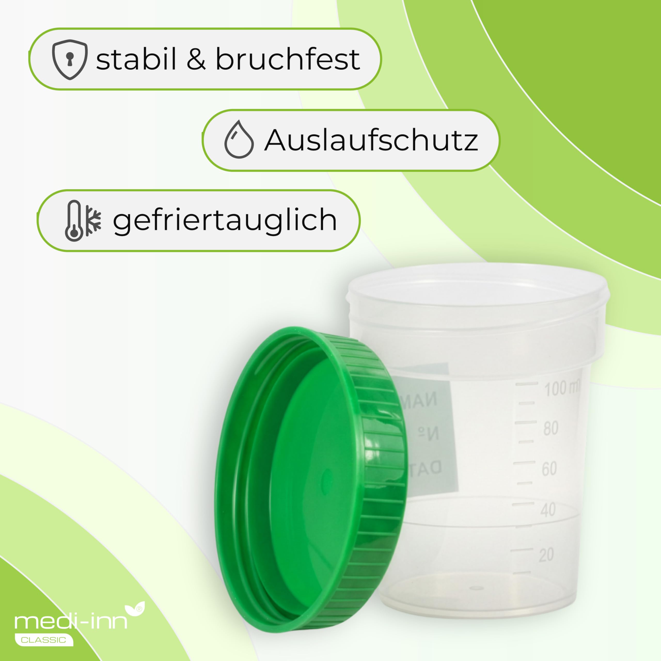 Medi-Inn Urinbecher Mit Schraubdeckel – 10 Stück, Grün, 125 Ml, Auslaufsicher, Gefriertauglich, Graduiert Bis 100 Ml, Mit Mattiertem Schriftfeld