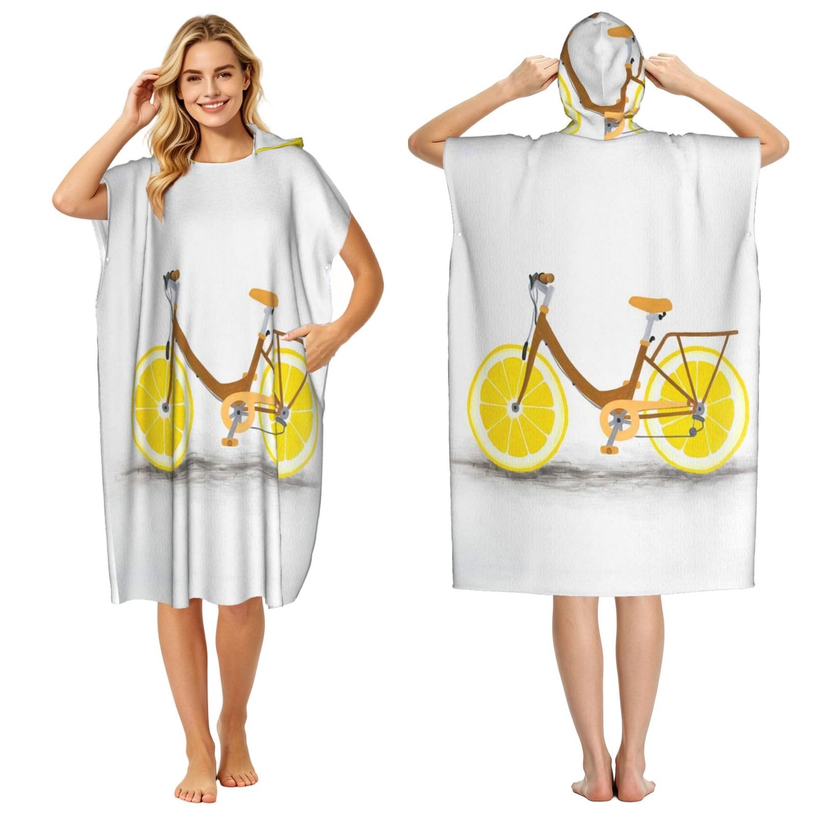 EZDLOWVBA Bicycle With Lemon Wheel Print Hooded Poncho Microfiber Beach Towel,Adult Women & Men Changing Robe,Lightweight Summer Surf Swim Bath Poncho Towel