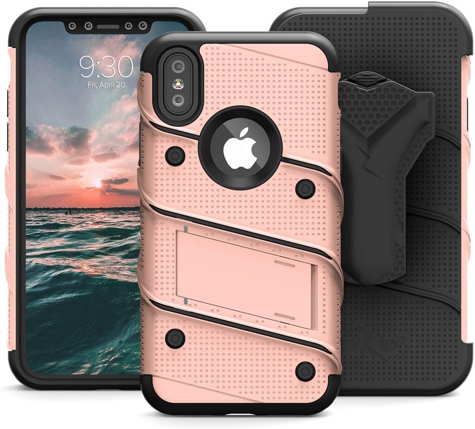 Zizo Bolt Series Compatible with iPhone X Case Military Grade Drop Tested with Screen Protector, Kickstand and Holster iPhone Xs Rose Gold Black