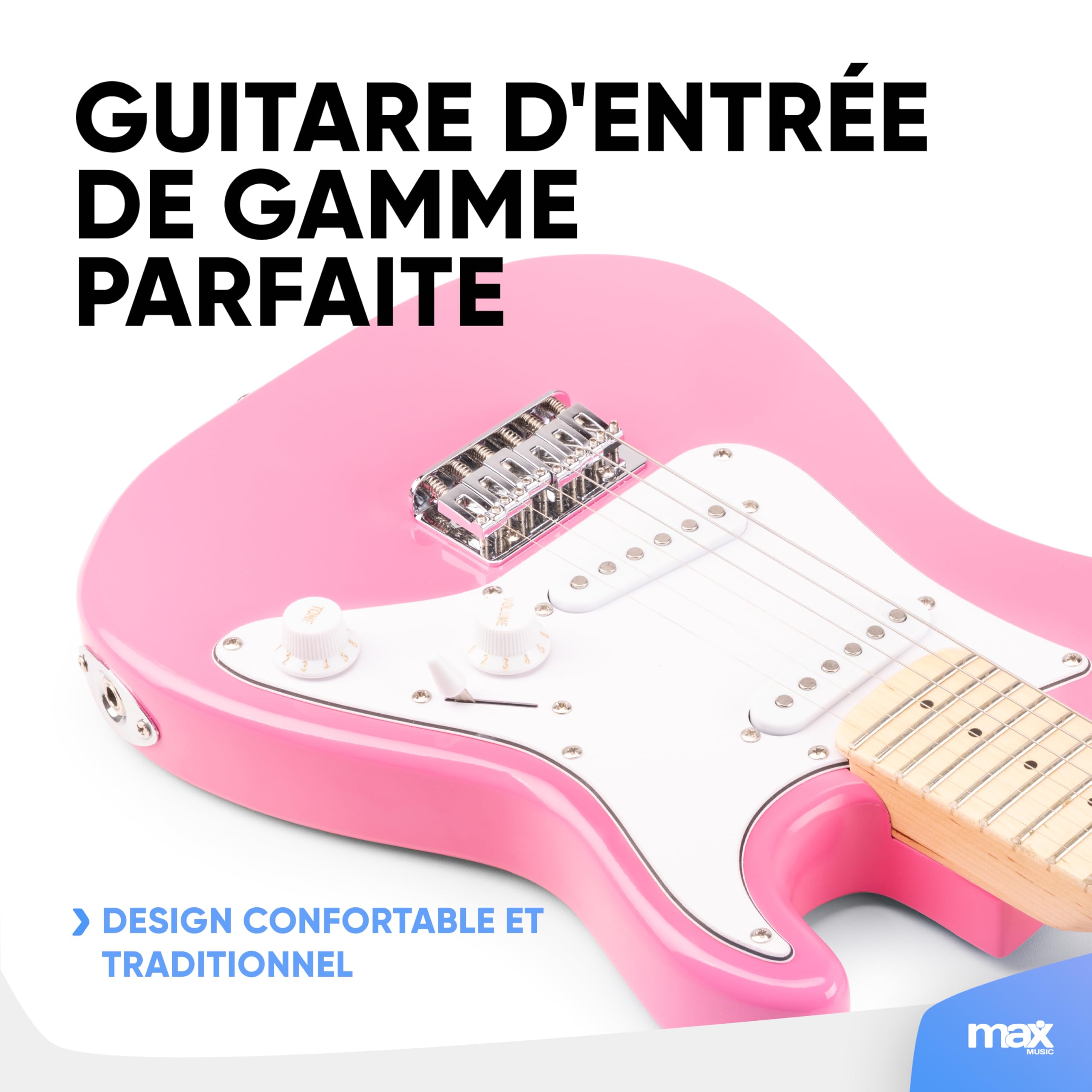 MAX GigKit Junior Guitare Électrique Enfant 1/4 Rose avec Ampli 10W, Housse, Accessoires et Lunettes de Star, Kit Complet Débutant Garçon ou Fille (5 à 7 Ans), Idéale pour Apprendre et s’Amuser