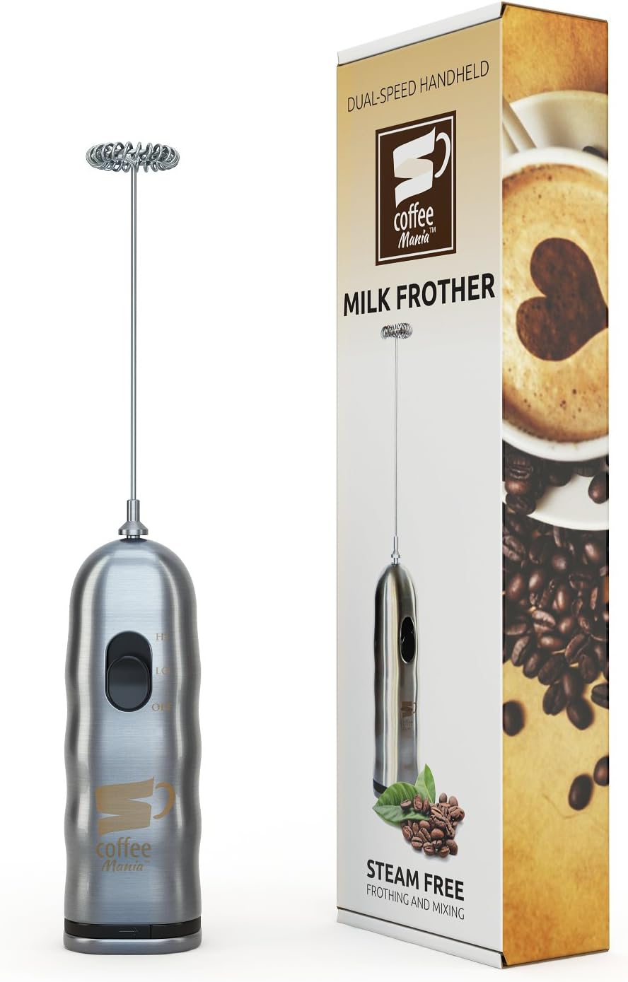 InskinCoffeeMania [Stainless Steel] HandHeld [Dual Speed] Steamless Milk Frother Whisk, fits Latte, Cappuccino, Matcha, Hot Chocolate and more