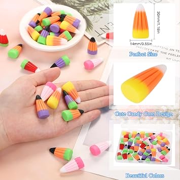 36 Pieces Fake Candy Corn Embellishments, Halloween Decor Resin Candy Corn Beads Party Supplies Candy Decors with Box DIY Crafts Scrapbooking Accessories (RainbowColor)