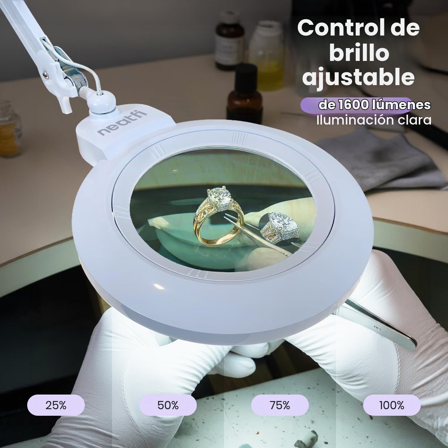 Neatfi XL Lámpara Lupa LED Bifocal – Lente Acrílica de 18 cm, Aumento 2,25X y 6X, 1.600 Lúmenes Regulables | Brazo Ajustable | Ideal para Manualidades y Lectura (Blanco, con Base)