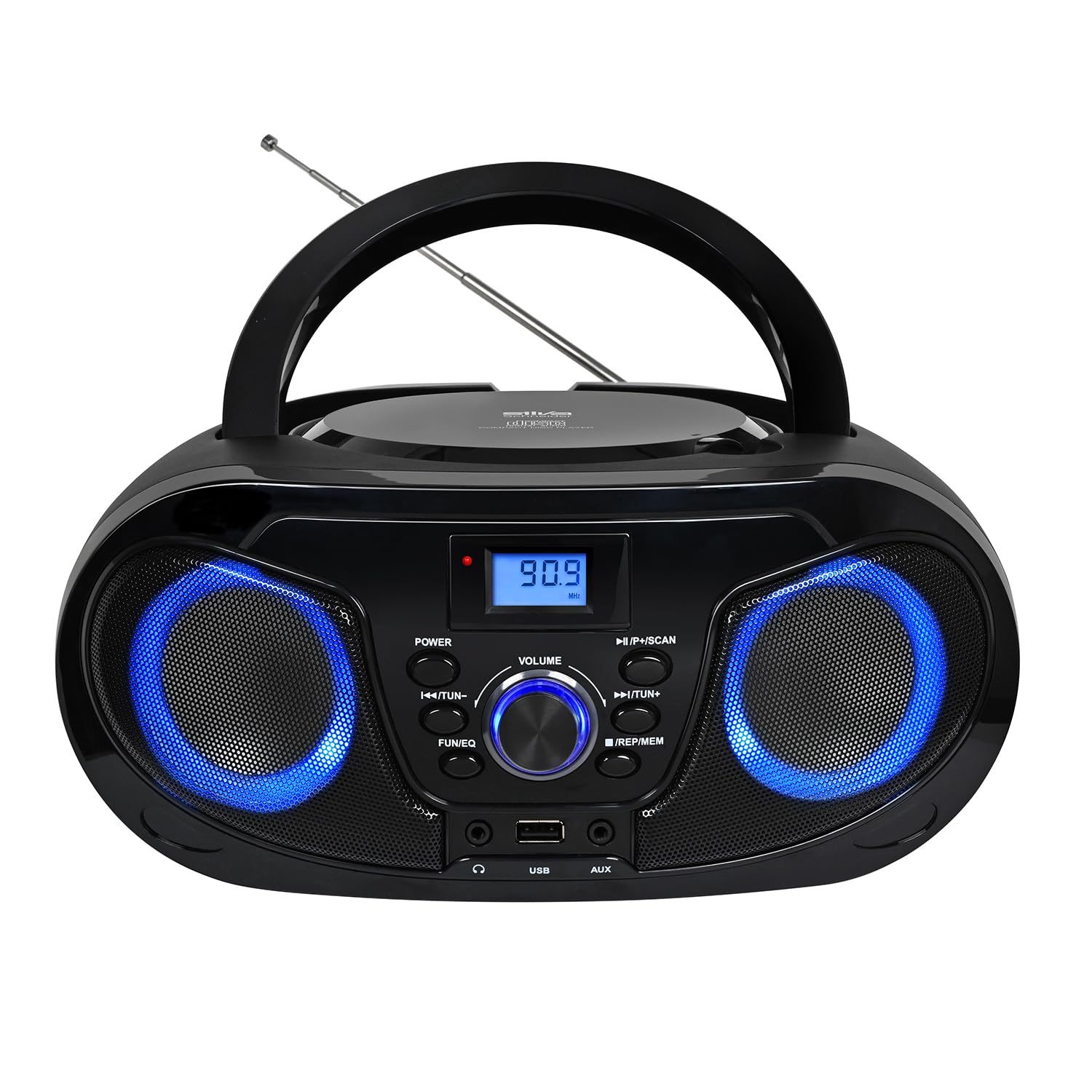Silva Schneider MPC 25.4 USB – Tragbarer CD-Player mit UKW-Radio, USB für MP3, AUX & Kopfhöreranschluss, LCD-Display, 40 W p.m.p.o., Netz-/Batteriebetrieb – Schwarz
