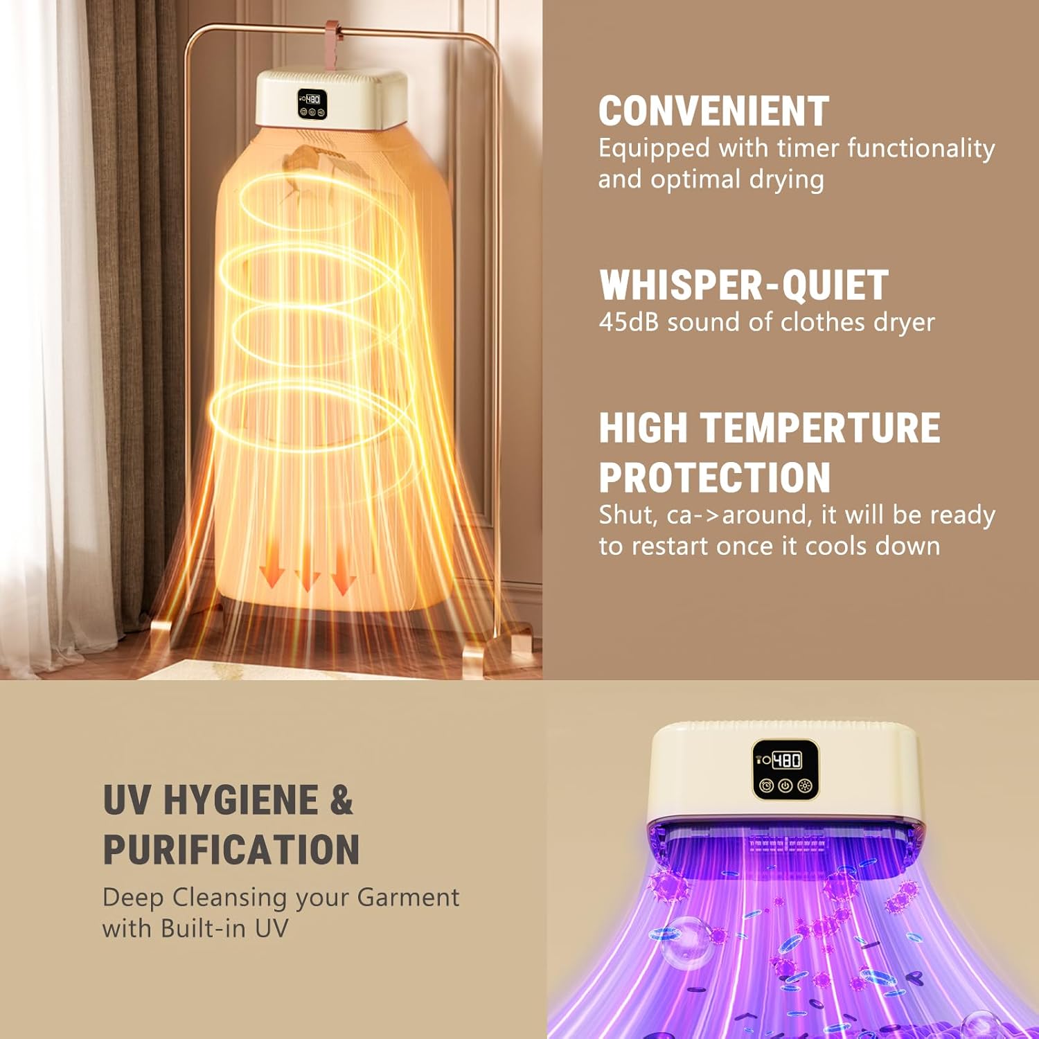 Portable Clothes Dryer, 8H Timer, w/Remote Control & Dry Bag, Mini Compact Foldable Fast Electric Dryer Machine for Laundry, Travel, Apartment, RV, Dorm, Quiet 45dB, Energy Save, 600W