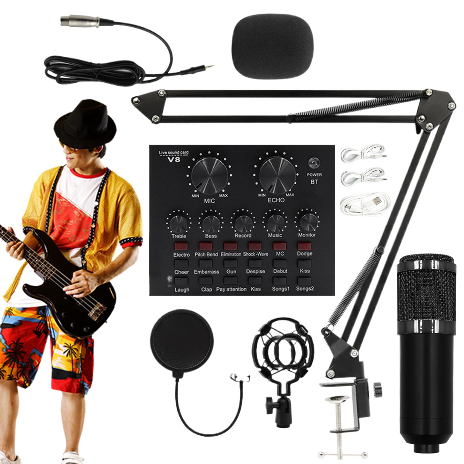 Set microfono per registrazione Set Scheda Audio Live, Set Microfono E Asta | Microfono a Condensatore Per Registrazione In Studio, Video Live, Podcast, Cantanti, Doppiatori