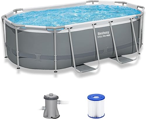 Miniatura 12 de Bestway 56631E-BW Juego de Piscina de Verano Power Steel con Marco Ovalado sobre el Suelo para Patio Trasero con Bomba de Filtro y Escalera