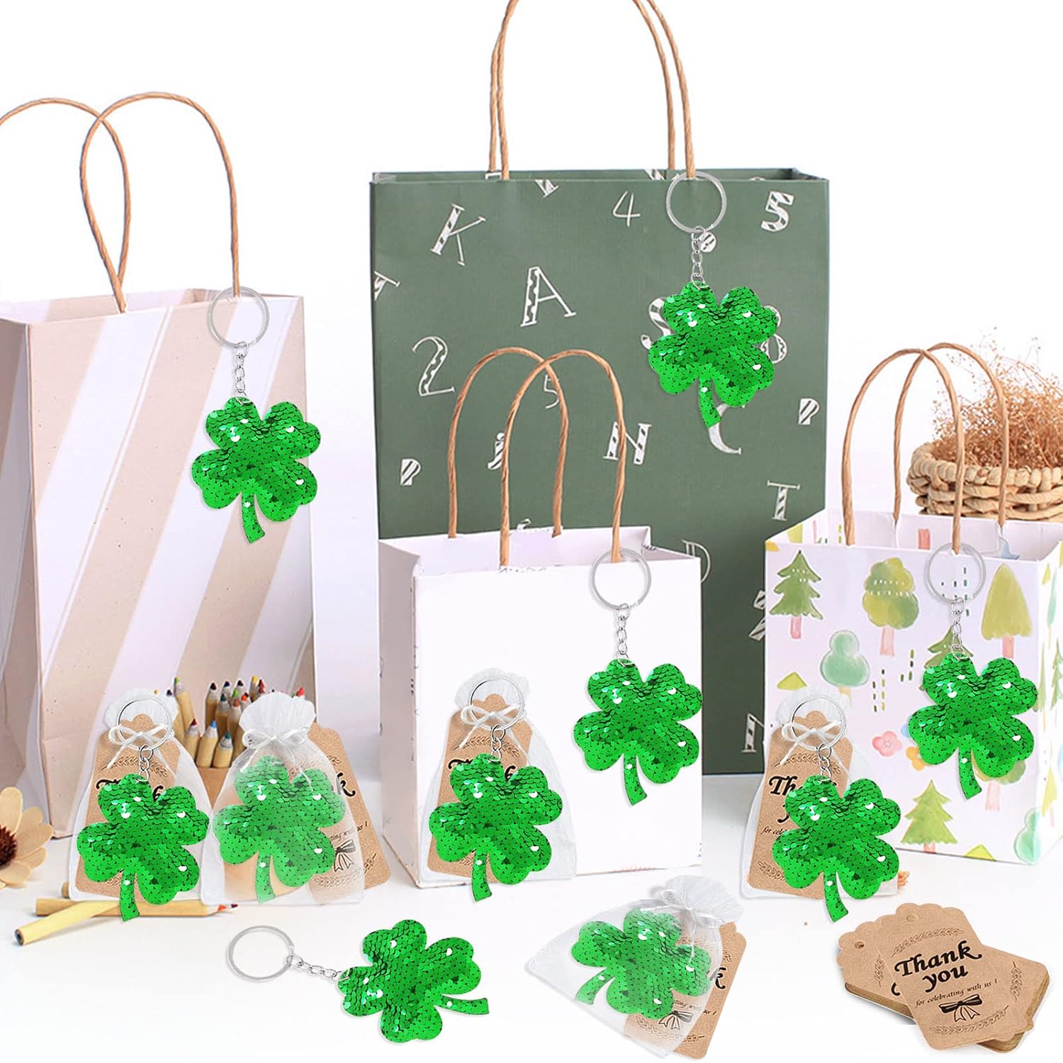 CiciBear 60 Pack Double-deck Four Leaf Clover Lucky Clover Sequin Keychain Set with 20 Keychains, 20 Thank You Tags and 20 Gift Bags for St Patricks Party Favor, Kids and Adult Birthday, Baby Shower