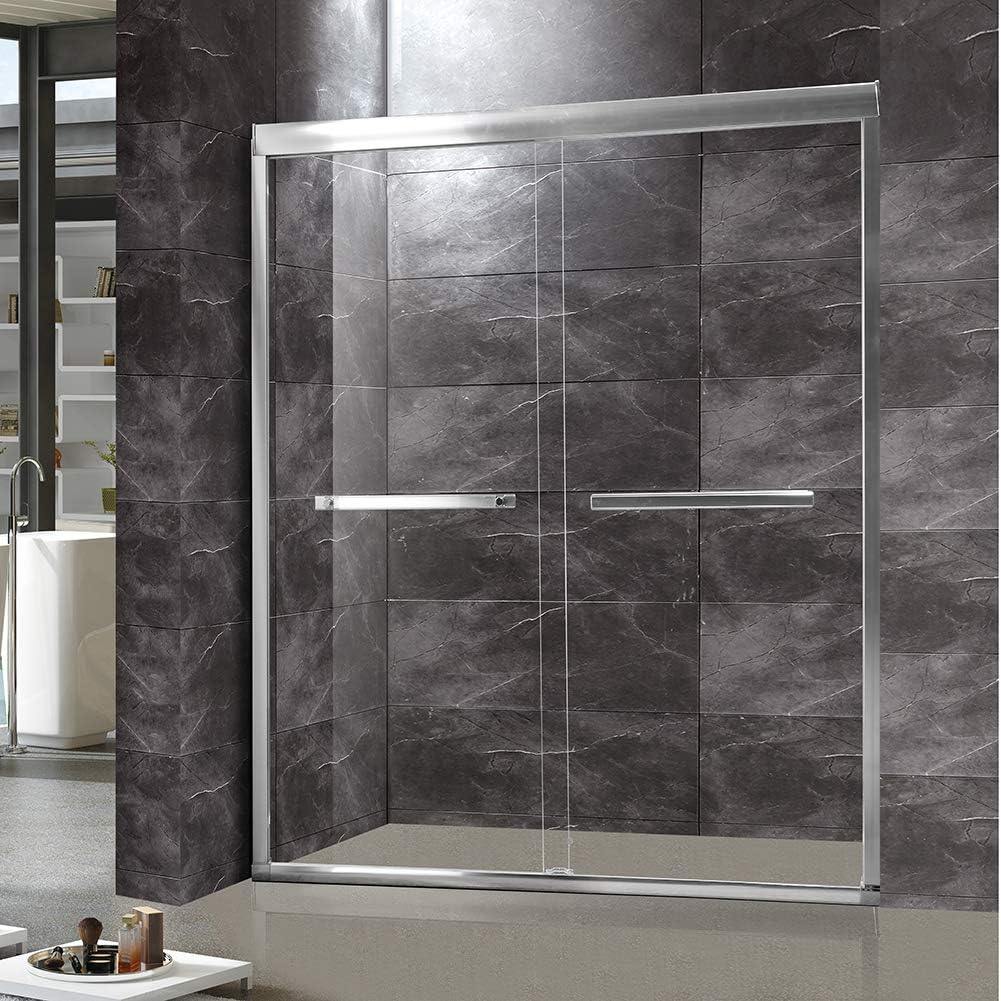 TONYRENA Frame Double Sliding Shower Door, 56" to 60" Width x 72"Height 5/16" (8 mm) Clear Tempered Glass, Brushed Nickel Finish Hardware