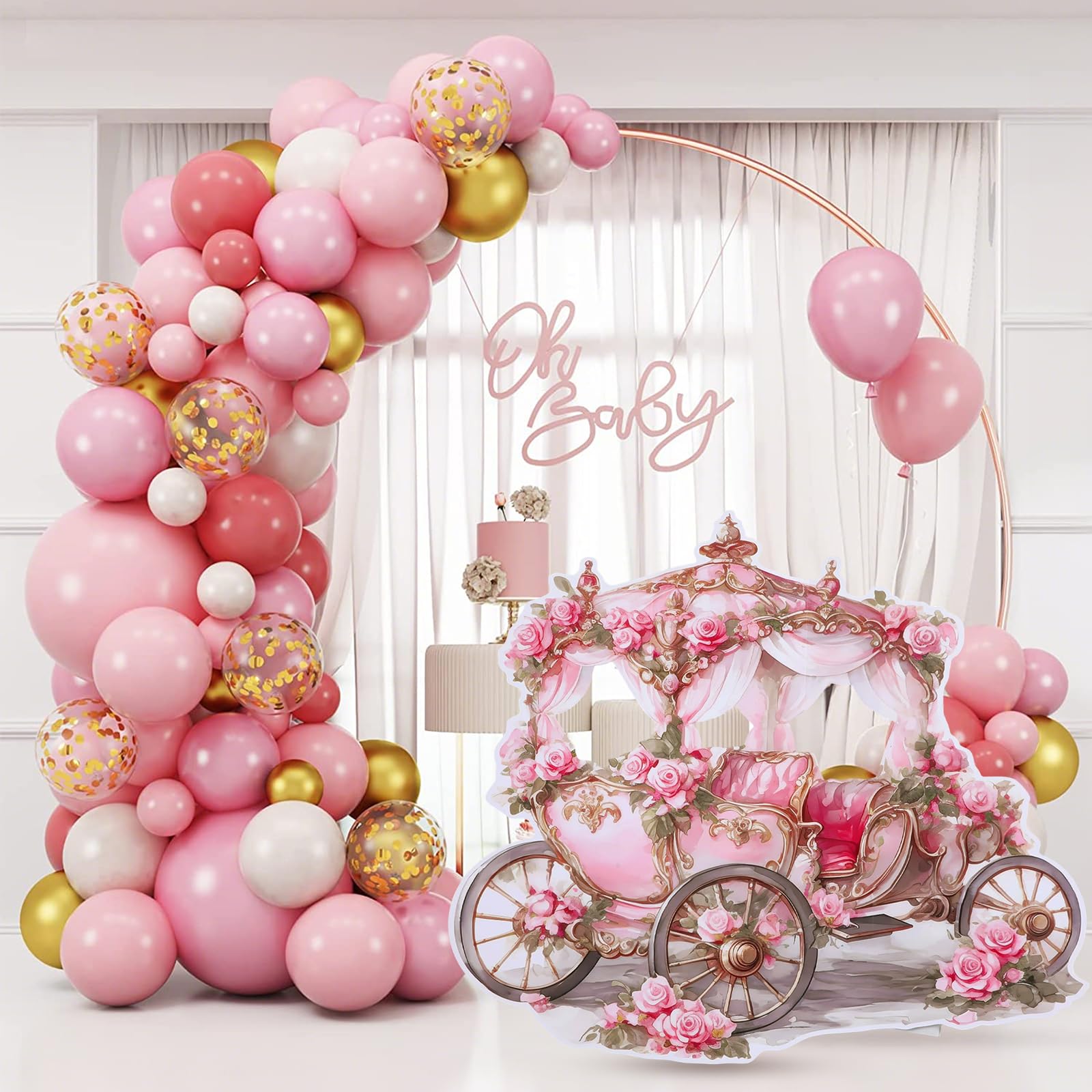Toile de fond en carton pour photomaton de princesse – Découpe en carton grandeur nature – Toile de fond pour photographie – Décoration de fête d'anniversaire princesse (1, chariot de fleurs roses)