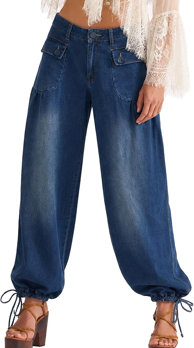 Pantalones vaqueros de pierna ancha para mujer, tiro medio, con lazo en el tobillo, elásticos con bolsillos