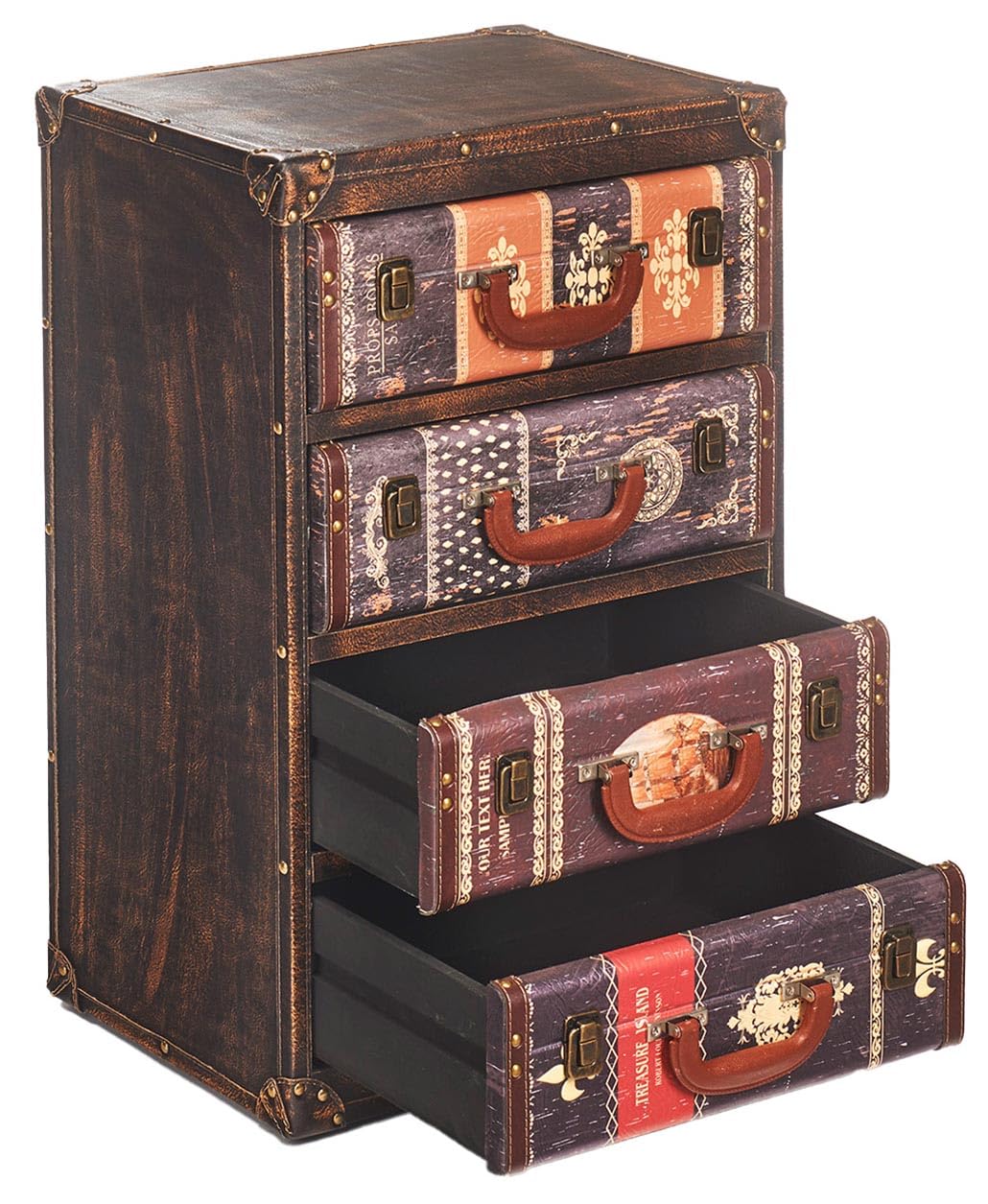 Kobolo Kommode TAIO aus MDF, 4 Schubladen, braun, 41x32x64 cm – Schubladenregal in Kofferoptik, montiert