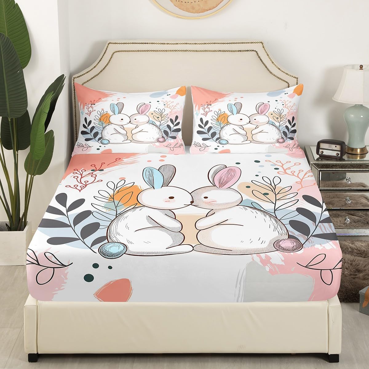 Cute Rabbit Fitted Sheet Full Size Kawaii Cartoon Bunny Bedding for Boys Girls Kids Lovely Animal Easter Rabbit Fitted Bed Sheets Spring Flowers Decorations Bedding 3 Pcs Pink Green