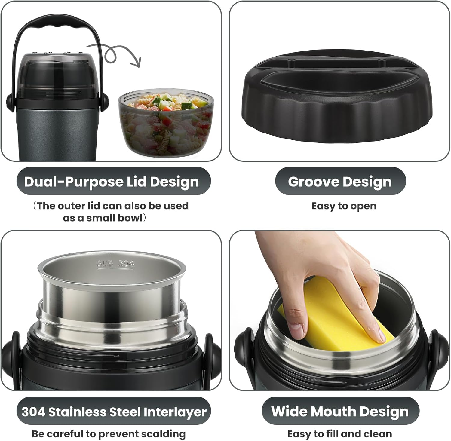 Soup Thermo for Hot Food Adults & Kids 32oz Lunch Containers Wide Mouth, Insulated Food Jar 100% Leak-Proof Double-Layer Stainless Steel Lunch Box with Spoon BPA Free (Black) - Image 3