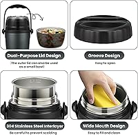 Vista 3 de Termo de sopa para alimentos calientes para adultos y niños, recipientes de almuerzo de 32 onzas de boca ancha, tarro de comida aislado 100% a