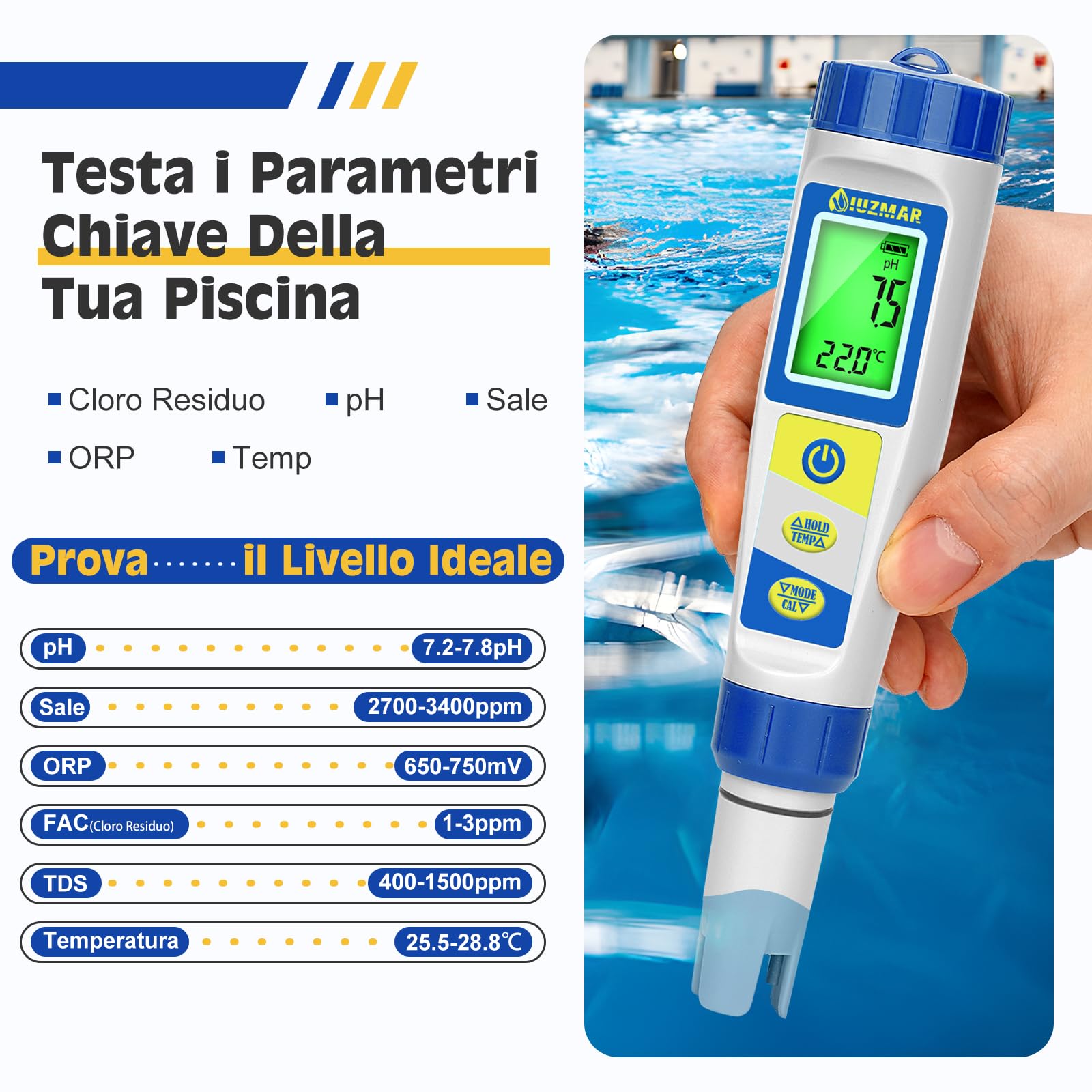 UIUZMAR Misuratore Cloro e Sale per Piscina, Tester Piscina pH e Cloro Digitale, Misuratore Multifunzionale di pH, EC, ORP e TDS Salinità Cloro Residuo per Piscine di Acqua Salata, Acquari, Idroponica