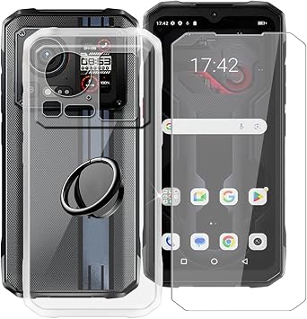 Clear Case for Hotwav Hyper 7 Pro 6.60" with 1 x Tempered Glass +360 Cell Phone Metal Ring Holder, Slim Soft Silicone Military Grade Shockproof TPU Cover for Hotwav Hyper 7 Pro