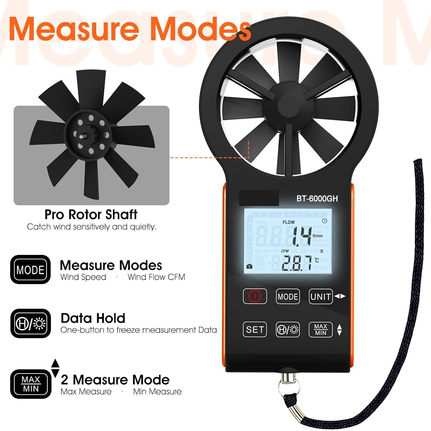 6000GH Digital Anemometer Thermometer Handheld Wind Speedometer Touch Screen Tools Windmesser Air Flow RPM Meter