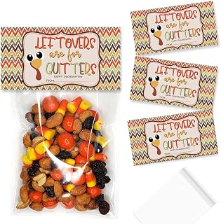 Funny Leftovers Are For Quitters Thanksgiving Themed Bag Toppers for Party Favor Treat Bags, Set of 20 Bag Toppers With 20 Food Safe Self-Adhesive Bags Also Included! by AmandaCreation