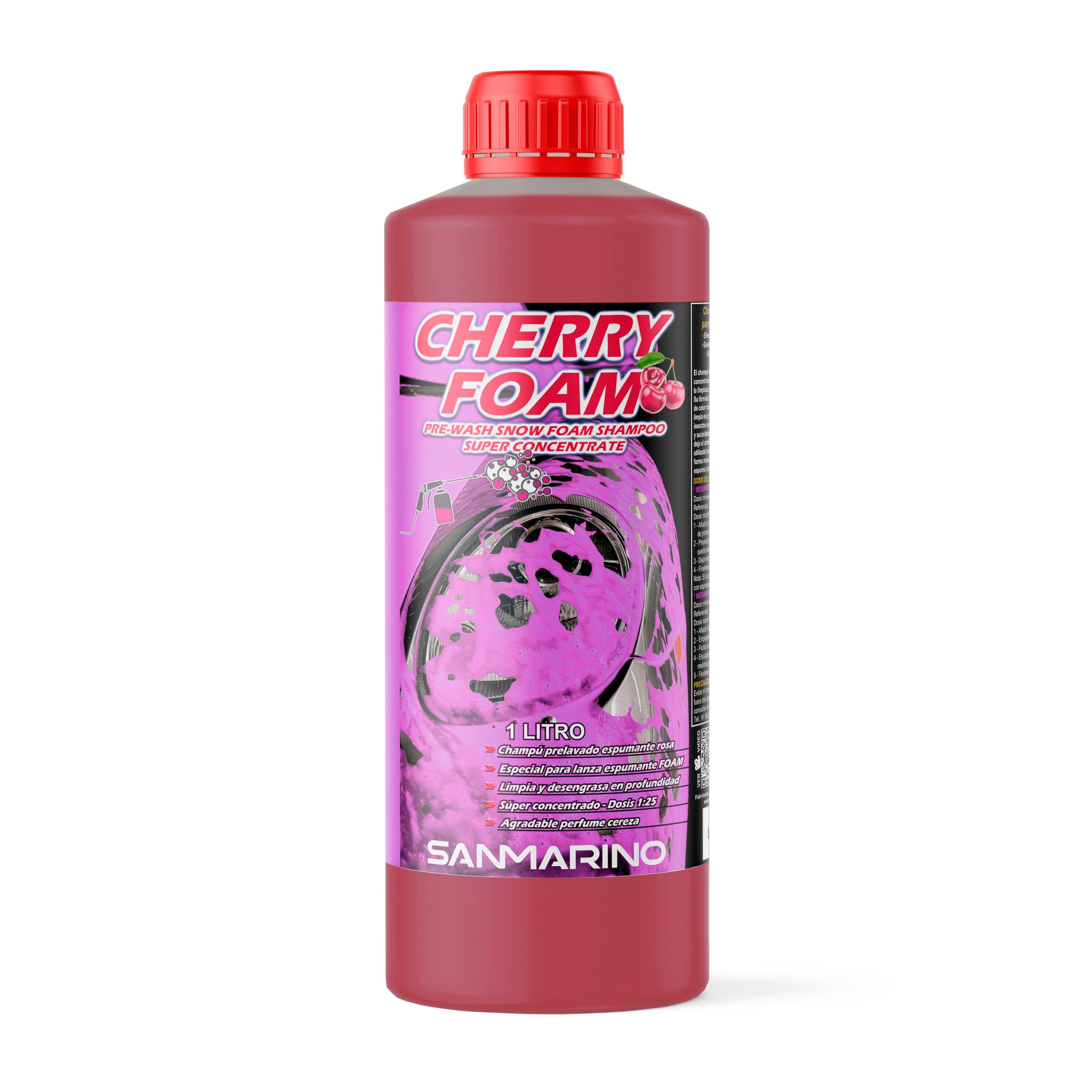 SANMARINO Champú coche Espuma Rosa 1 LITRO Lavado Coche y Moto Foam Rosa Espuma Activa - CHERRY FOAM