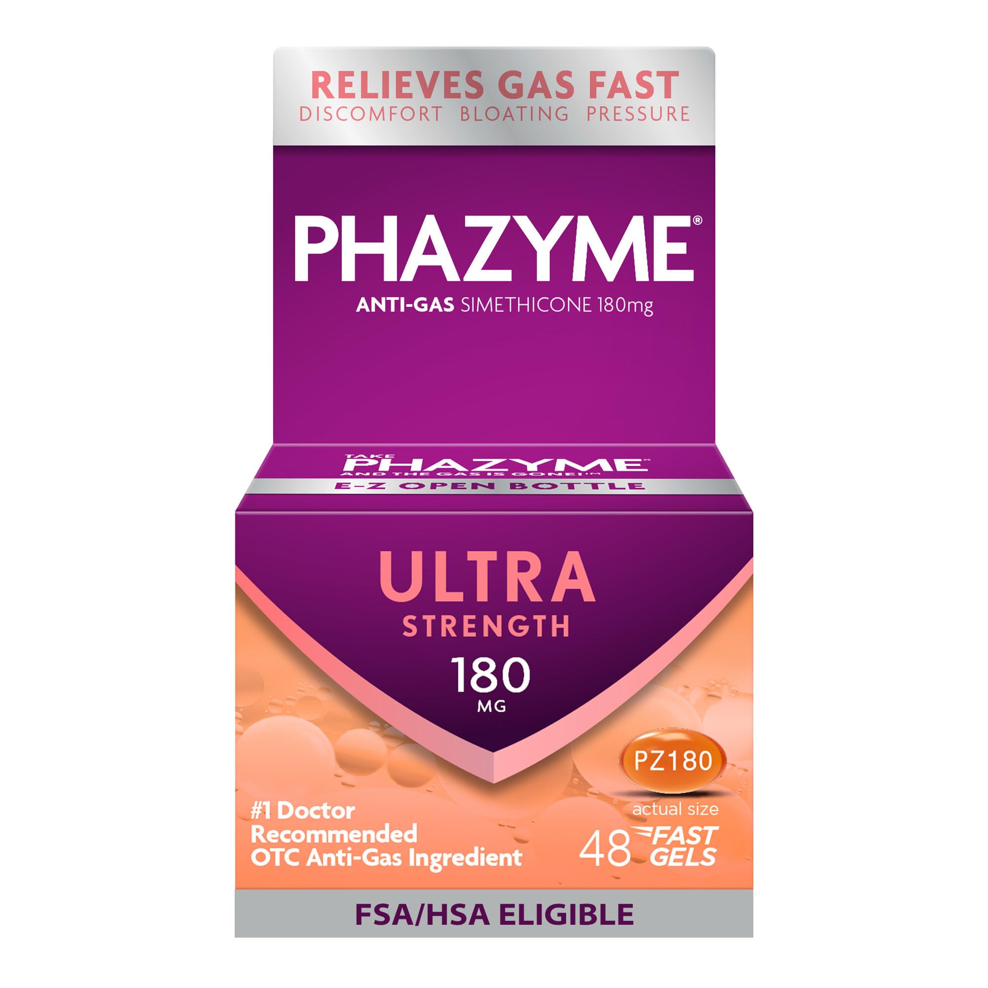 PhazymeGas Relief, Ultra Strength Gas and Bloating Relief for Adults, 180 mg Simethicone Fast Gels, 48 Count