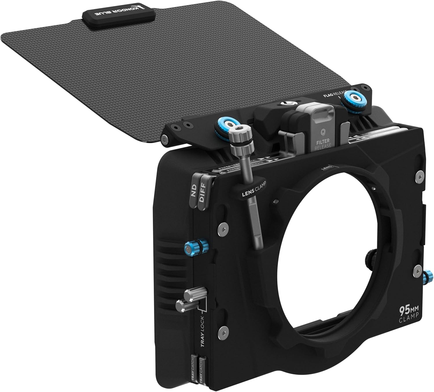 KONDOR BLUE | 4x5.65 Matte Box Pro Kit | Holds 3 4x5.65 Filters, 1 Front Load and 2 Filter Tray | Clamp-On Sunshade Hood, Flare Control and Light Control for Cinema Lenses and Camera Rigs | Black