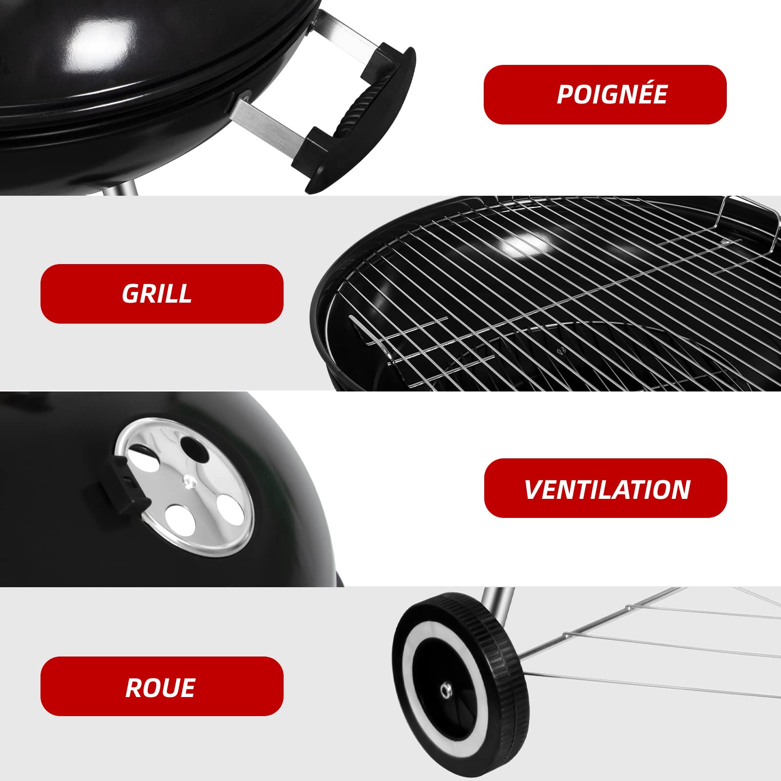Barbecue à Charbon Rond dia. 57cm BBQ Mobile Barbecue Grill Portable de Jardin, avec Couvercle et 2 Roues - 60 * 57 * 82cm