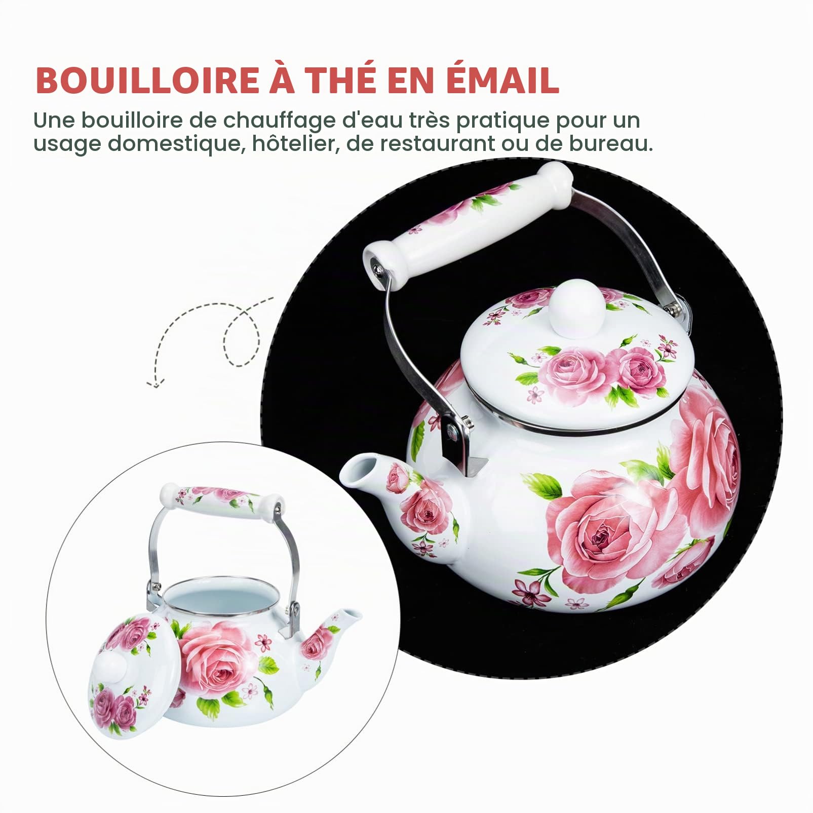 Vaguelly Théière Émaillée 2.5L - Bouilloire À Thé En Émail Compatible Induction Avec Poignée Confortable - Parfaite Pour Maison Bureau Hôtel