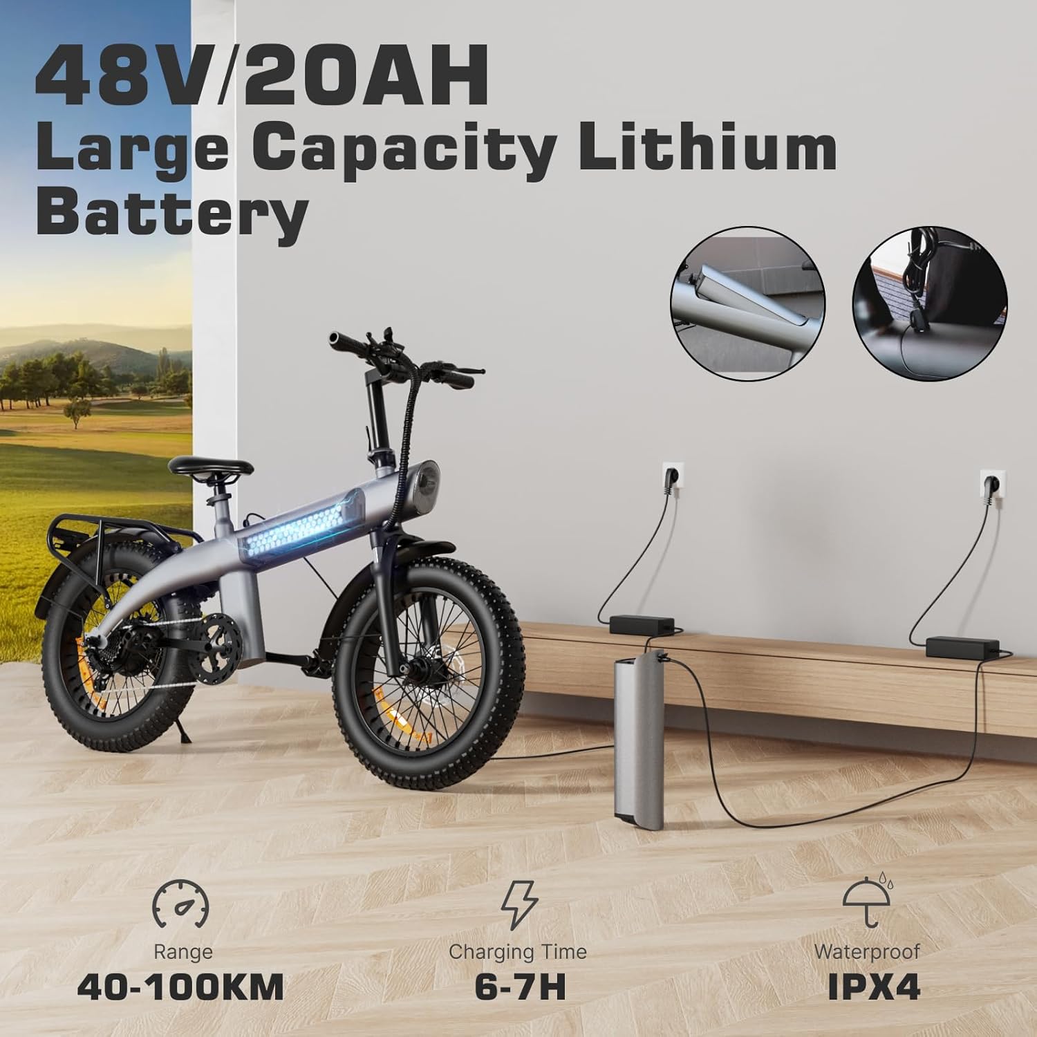 HX Q3 Electric Bike with 48V/20AH Large Capacity Lithium Battery being charged, showing range 40-100KM, charging time 6-7H, and Waterproof IPX4