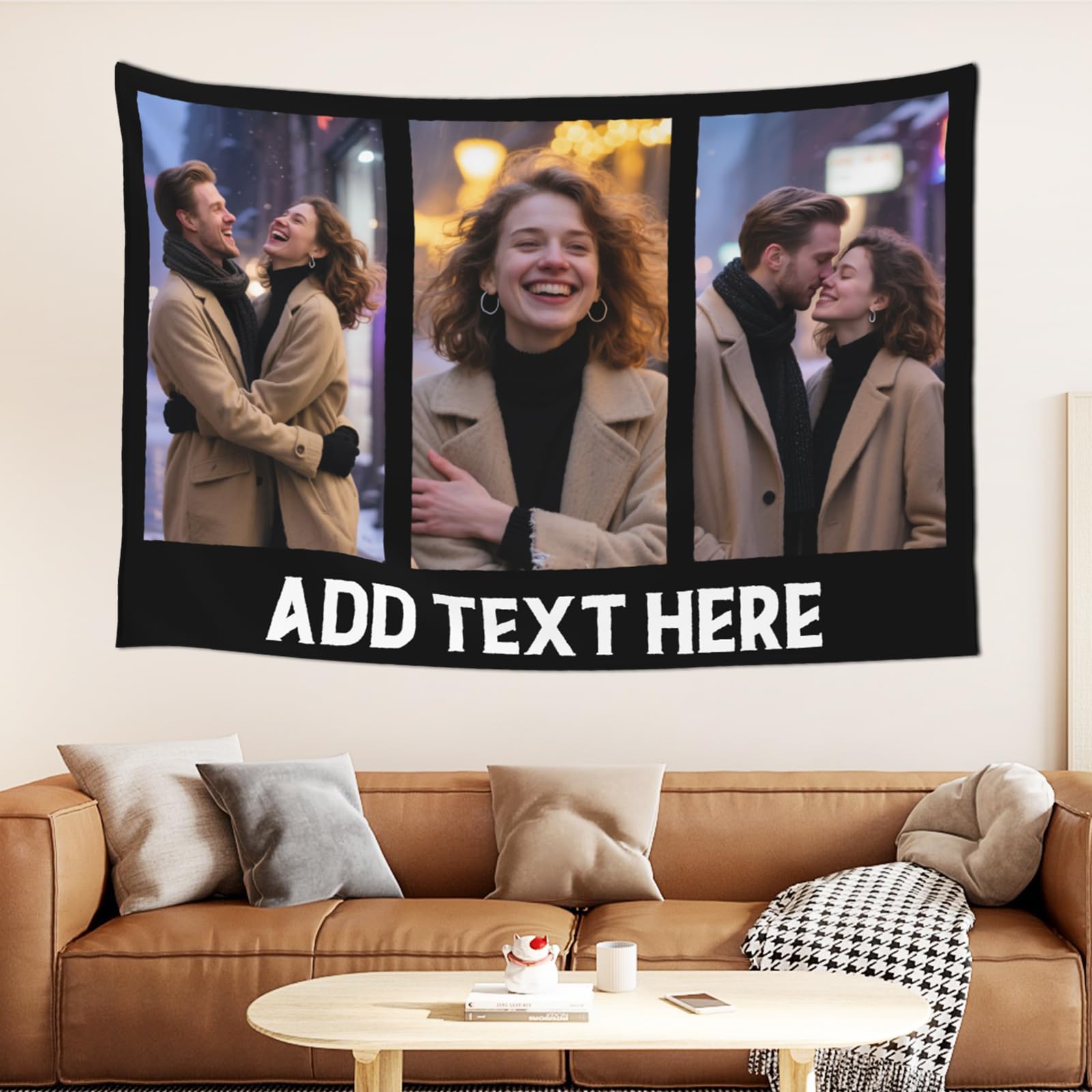 Xunqi Xufa Horizontal-3Photo Custom Tapestry With Photo Text, Personalised Photo Wall Tapestry, Customised Backdrop Banner, Customized Your Own Tapestry For Home Decor Wedding Graduation Birthday Party (Horizontal-3Photo)