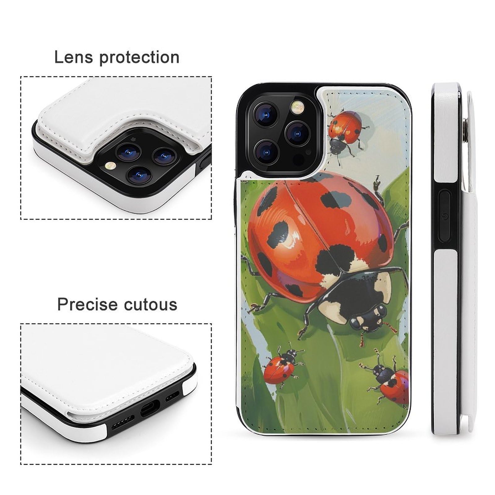 Fundas tipo cartera para iPhone 12 Pro Max, diseño de mariquitas, funda de piel con ranuras para tarjetas