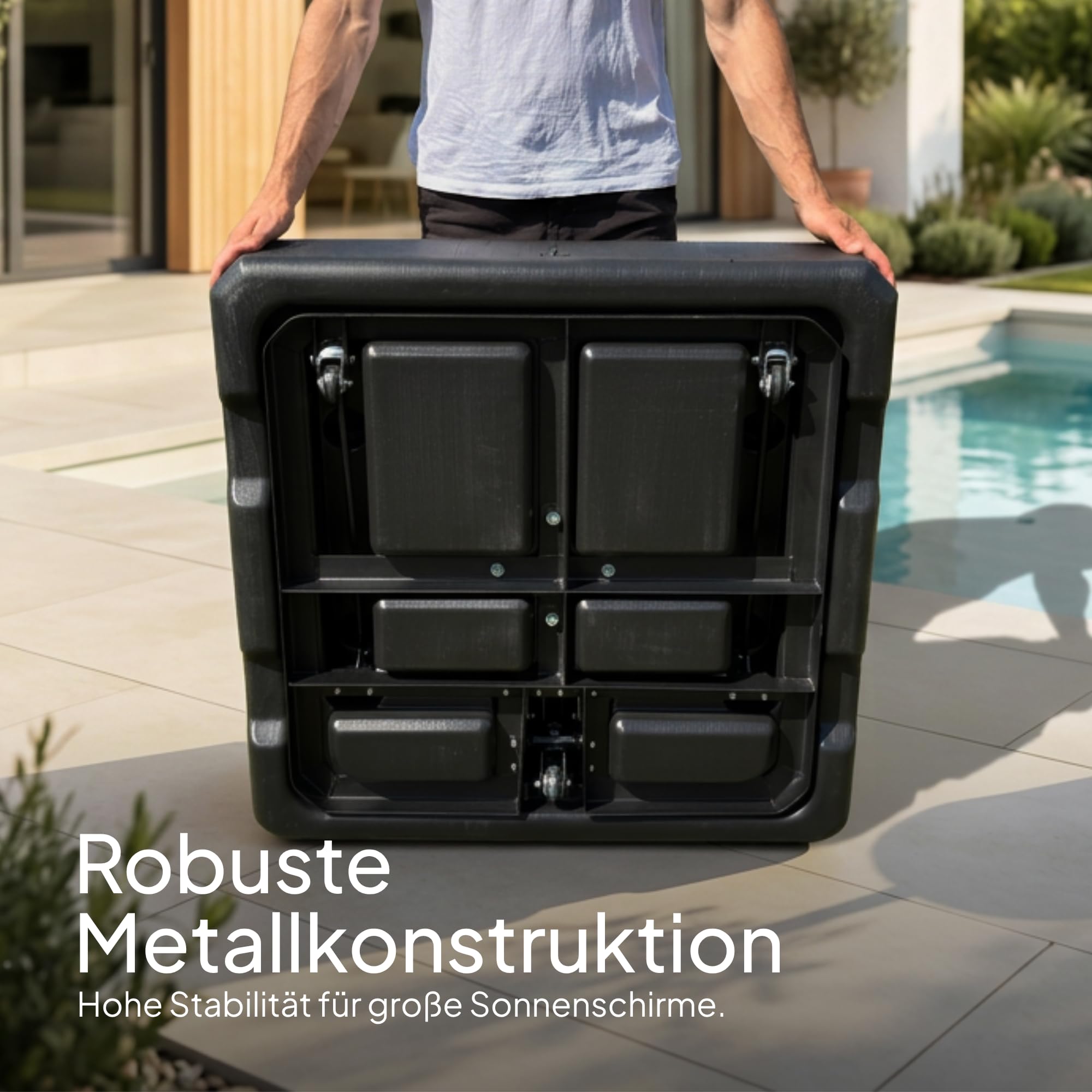 UNIGARDIA befüllbarer Sonnenschirmständer mit Rollen, befüllt bis 160 kg | Rollbarer Schirmständer bis für große Sonnenschirme, mit praktischem Zuggriff, windstabiles Design, 90 x 90 x 20 cm