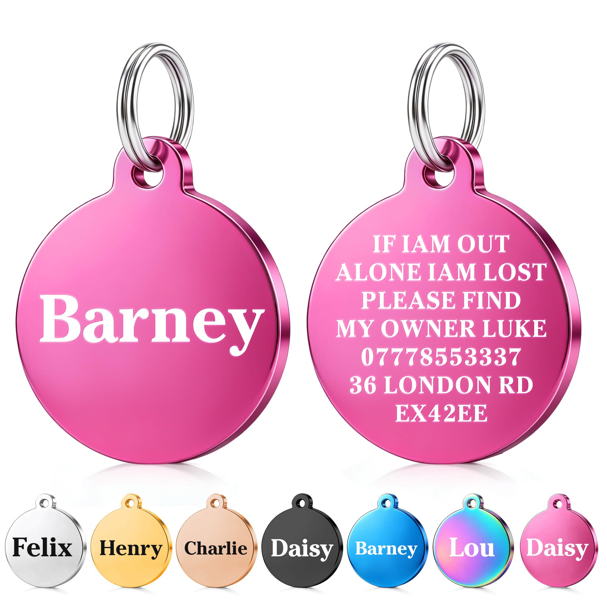 Dog Tags for Pets Engraved UK Personalised Dog Tag ID Name Tags for Cat Puppy Pet Collar Double Sided Deeply Laser Engraved Stainless Steel Identify Tags (Pink(Round), L)