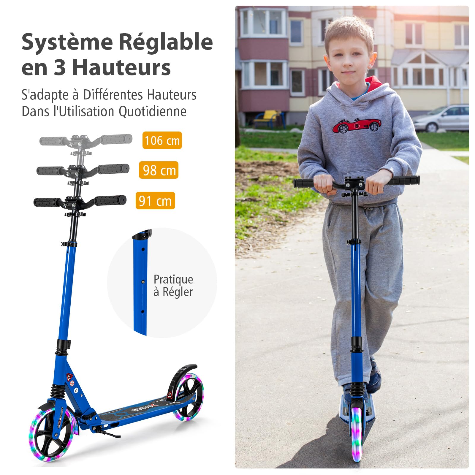 COSTWAY Trottinette Enfant Pliable avec 2 Roues Clignotantes & 3 Hauteurs Réglables, Trottinette Freestyle avec Béquille & Frein à Pied & Sangle, Charge Max 100KG pour Adultes Adolescents, 8 Ans+